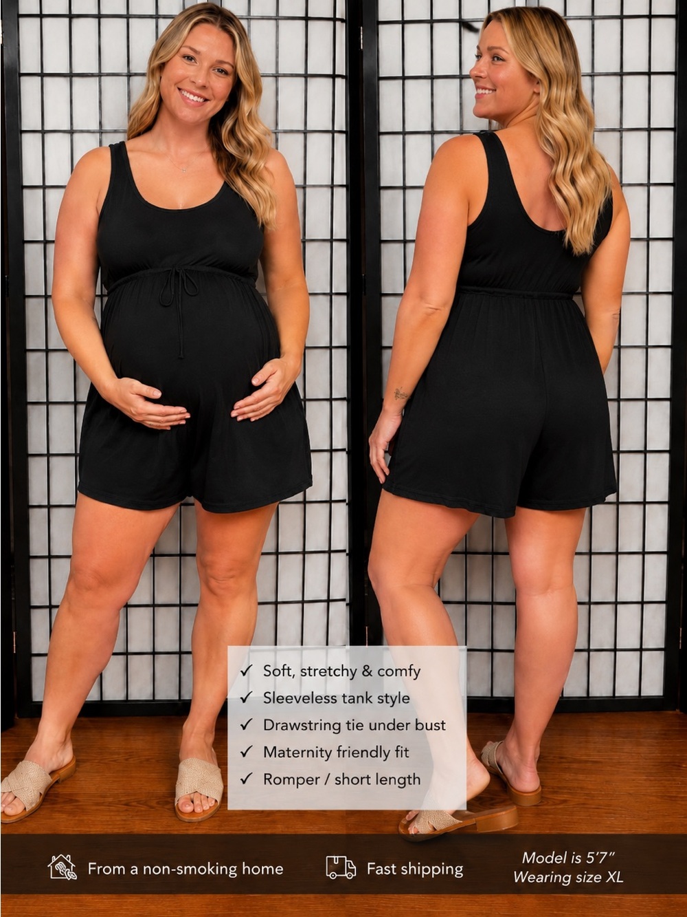 Black Maternity Romper XL Sleeveless Soft Stretch Tie Front‎ Comfy Lounge